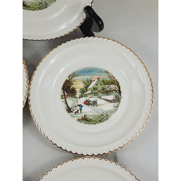 Harkerware Bread Plate Currier & Ives 6 1/4" Countryside Winter Scene USA x 5 - Picture 4 of 16